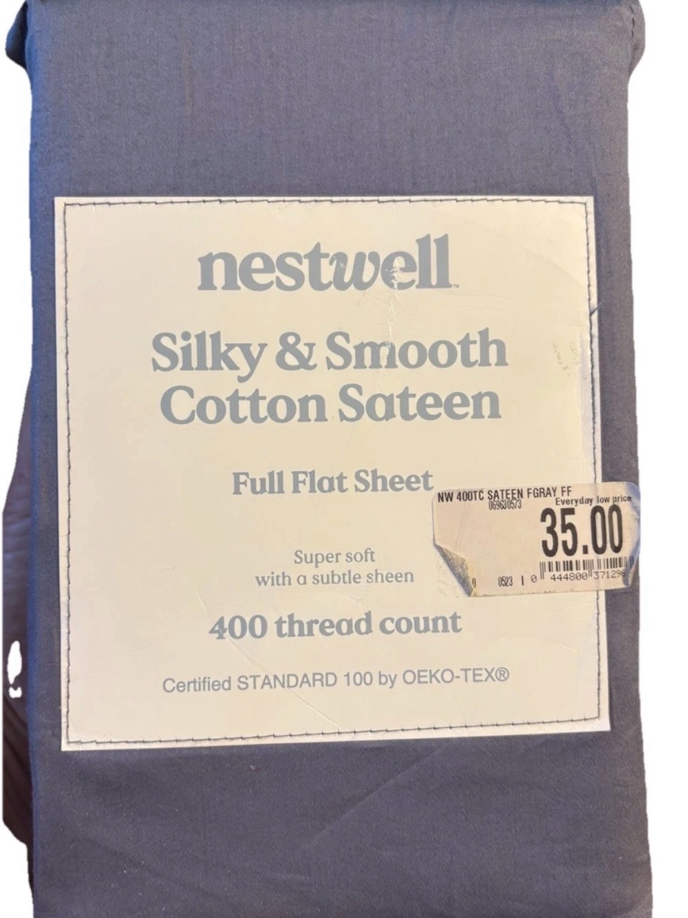 New Nestwell Silky & Smooth Cotton Sateen Full Flat Sheet 400 Thread Gray